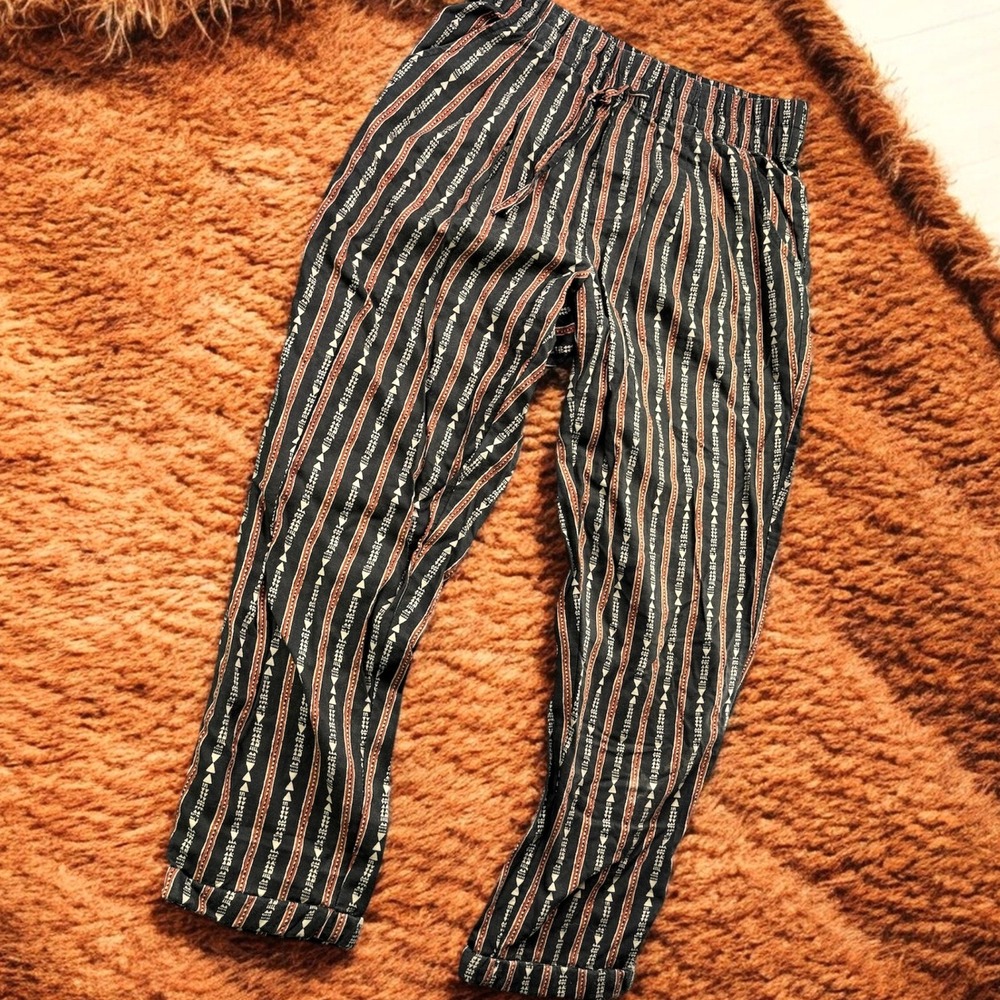 Garnet Hill Linen Tencel Geometric Stripe Cropped Trousers Pants Women XS Boho